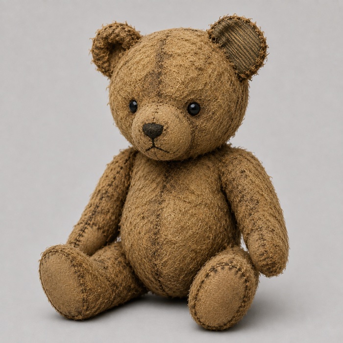 A worn teddy bear, sitting, waiting